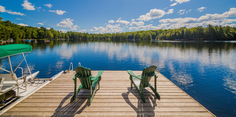 Two Ontario chairs sitting on a wood dock facing a calm lake.