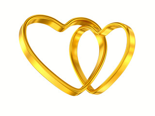 Two golden hearts on white background. Isolated 3D illustration