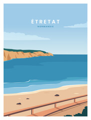 beautiful seascape of with rock cliff and beach in Etretat Normandy, France. vector illustration landscape with colored style for poster, travel poster, postcard, card, art print. - obrazy, fototapety, plakaty