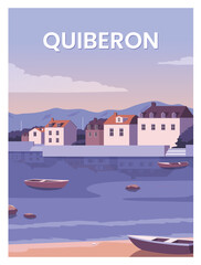 Beautiful sunset over the city in Quiberon. Travel to Quiberon  Brittany, France.
vector illustration with colored style for poster, postcard, card, art, print. - obrazy, fototapety, plakaty