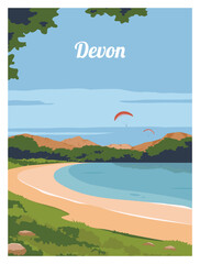 Beautiful Landscape by the sea on a sunny day. Seaside panorama with paragliding in Devon, UK, Europe. Vector illustration with colored style for poster, postcard, card, art print.