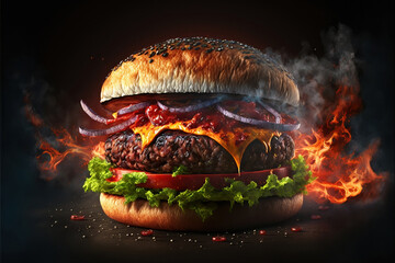 Hamburger on a wooden table, generative ai