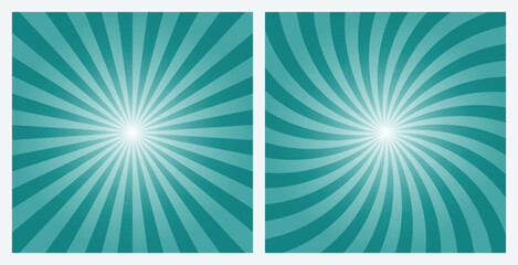 Teal green sunshine rays background. Radial and swirl retro sunburst abstract blue wallpaper set for banner, ad, social media and template.