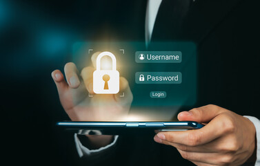 Hand holding smartphone and press scan to login screen, private data and prevent identity.