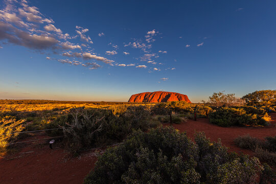 Outback, Australia - November 12, 2022: Sunrise at the Majestic Uluru or Ayers Rock at in the Northern Territory, Australia. The red rock in the center of the Australian outback. impressive landscape