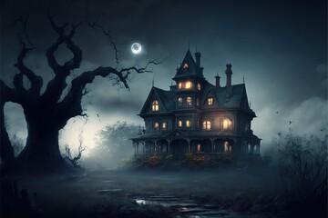 Fototapeta na wymiar Creepy Haunted House at Night, Halloween Background, Concept Art, Digital Illustration, Generative AI