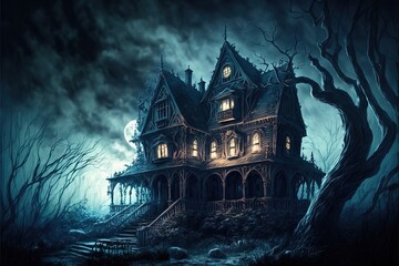 Obraz premium Creepy Haunted House at Night, Halloween Background, Concept Art, Digital Illustration, Generative AI