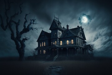 Creepy Haunted House at Night, Halloween Background, Concept Art, Digital Illustration, Generative AI