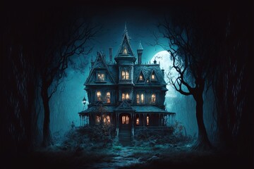 Fototapeta na wymiar Creepy Haunted House at Night, Halloween Background, Concept Art, Digital Illustration, Generative AI