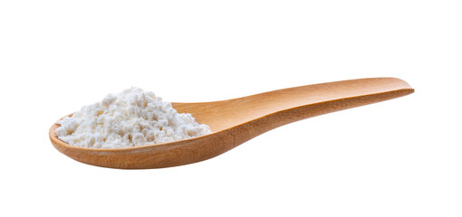 Pile of white wheat flour in wooden spoon on transparent png