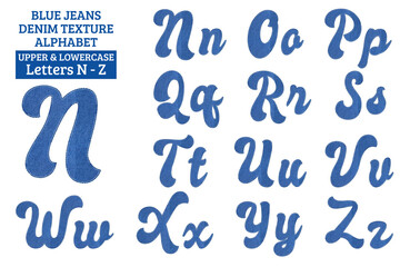 Blue jeans denim alphabet set, includes font or letters in both uppercase and lowercase, numbers, punctuation marks and currency symbols.