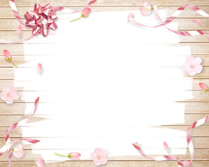薄いピンク色のかわいい桜とリボン飾りー木目のボード白いペンキの塗りあとフレーム背景素材