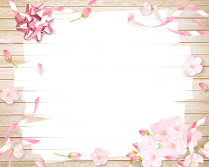 Fototapeta premium 薄いピンク色のかわいい桜とリボン飾りー木目のボード白いペンキの塗りあとフレーム背景素材