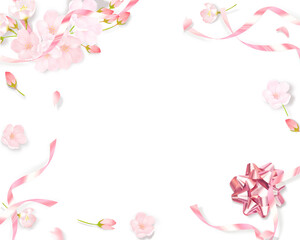 薄いピンク色のかわいい桜とピンクゴールドのリボンー白バックフレーム背景素材