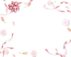 薄いピンク色のかわいい桜とピンクゴールドのリボンー白バックフレーム背景素材