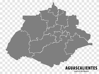 State Aguascalientes of Mexico map on transparent background. Blank map of  Aguascalientes with regions in gray for your web site design, logo, app, UI. Mexico. EPS10.