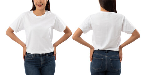 Young woman in white T shirt mockup isolated on white background with clipping path.