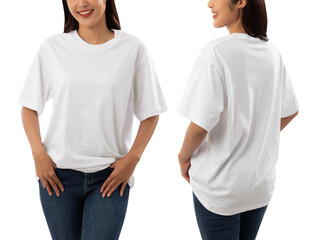 Young woman in white oversize T shirt mockup isolated on white background with clipping path.