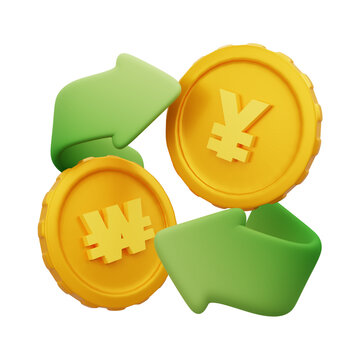 foreign currency exchange symbol between Won and Yen coin isolated. 3d illustration PNG file