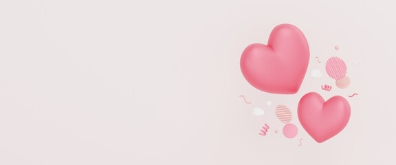 valentines concept background. hearts shape floating with elements banner, copy space 3d illustration