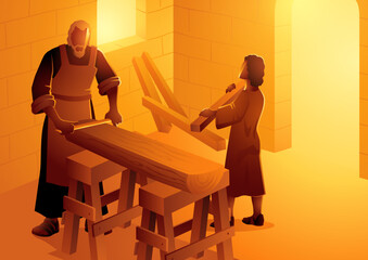 Saint Joseph is working as a carpenter with the boy Jesus