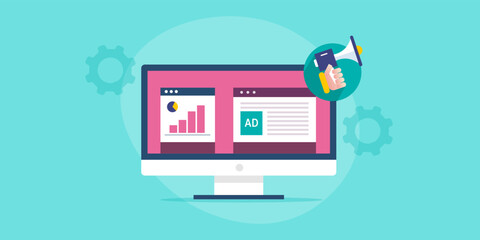 Website and analytics dashboard on pc screen with hand holding megaphone concept, web advertising analytics interface vector web banner.