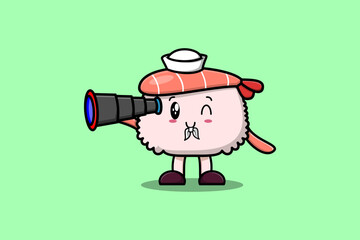 Cute cartoon Sushi shrimp sailor with hat and using binocular cute modern style design