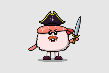 Cute cartoon character Sushi shrimp pirate illustration in modern style design