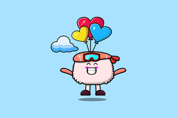 Cute cartoon Sushi shrimp mascot is skydiving with balloon and happy gesture modern style design