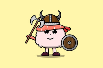 Cute cartoon character Sushi shrimp viking pirate with hat and holding ax and shield 