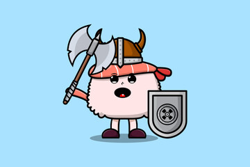 Cute cartoon character Sushi shrimp viking pirate with hat and holding ax and shield 
