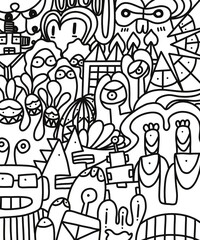 Aliens in doodle style, doodle line, creatures coloring pages for kids and adults.