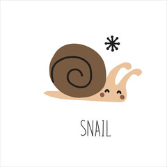 Postcard with animals snail for children. Educational preschool cards for learning animals. Learn animal name for kids.