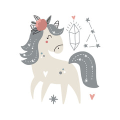 Cute magical unicorn. Vector hand drawn illustration. Beautiful fantasy cartoon animal. Great for kids party, greeting cards, invitations, clothing print