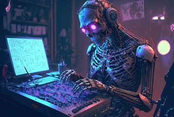 Fototapeta na wymiar illustration sci-fi futuristic theme of robot , cyborg, or humanoid is wearing headphone, playing keyboard with city light background 