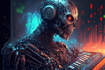 illustration sci-fi futuristic theme of robot , cyborg, or humanoid is wearing headphone, playing keyboard with city light background