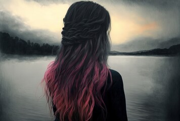 illustration of beautiful woman from backside with beautiful hair curl, heavenly atmosphere, endless water to the horizon , idea for near death experience theme