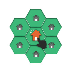 Orange house icon with hand icon over green hexagon and home icon on white background. Buying the right home and home search for effective real estate investment.