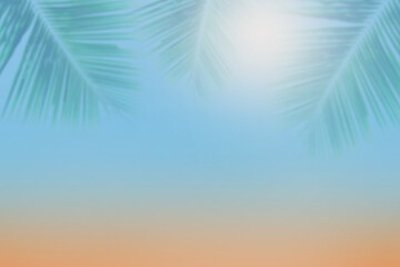 Branch palm or coconut leaf shadow with blue and yellow of sand color and light sun on background. Summer tropical beach with minimal concept.