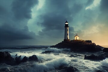 Lighthouse by the Ocean Sea at Sunset Waves Background Image