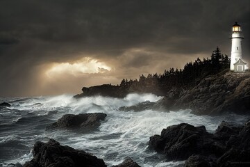 Naklejka na ściany i meble Lighthouse by the Ocean Sea at Sunset Waves Background Image