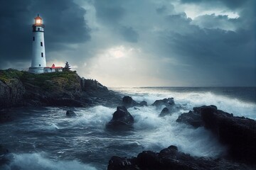 Fototapeta na wymiar Lighthouse by the Ocean Sea at Sunset Waves Background Image