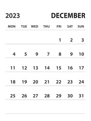 December 2023-Calendar 2023 template vector on white background, week start on monday, Desk calendar 2023 year, Wall calendar design, corporate planner template, clean style, stationery, organizer