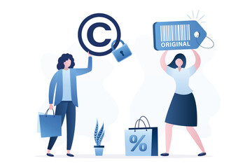 Women buy high quality branded items. Happy woman customer holding tag of original label. Businesswoman or seller with copyrighted trademark sign. Shopping, retail concept.