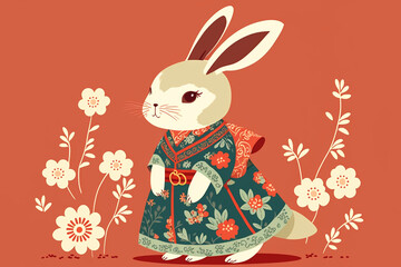 Lovely dreamy cute rabbit, dressed in Chinese traditional costume. Generative AI	