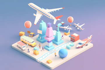 Travel airport airplane and cars, car rental, tourism trip planning world tour, leisure touring holiday summer concept, banner, 3d render vector illustration, generative art