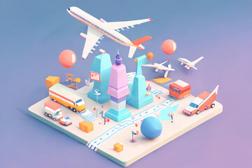 Travel airport airplane and cars, car rental, tourism trip planning world tour, leisure touring holiday summer concept, banner, 3d render vector illustration, generative art