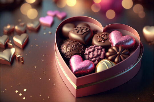 Heart-shaped box of chocolates, Valentine Valentine's Day background banner, bokeh background, 3d render, generative art