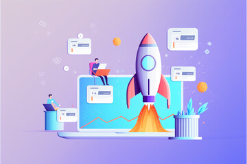 Rocket launching new product or service on computer. employees using computer. Technology development process. Space rocket launch. 3d render, generative art