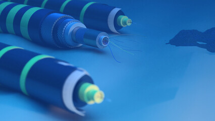 Submarine cable, power cable high voltage in the seabed. 3d render.